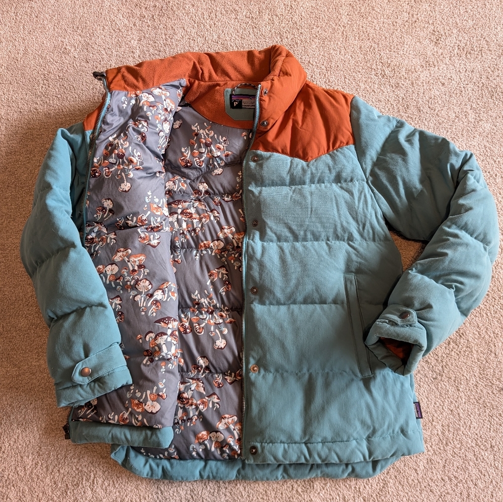 Women's Patagonia Bivy Down Coat Jacket Size Medium Blue Mushroom Puffer - Picture 3 of 16